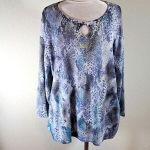 Alfred Dunner Woman Top Size 1X Sparkly Beaded Scoop Neck 3/4 Sleeve Snake Print